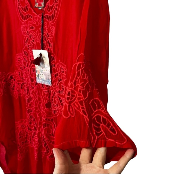 NWT Johnny Was Arlene appliqué Red Lace Tunic top with scoop neck 3/4 sleeves - Picture 8 of 16